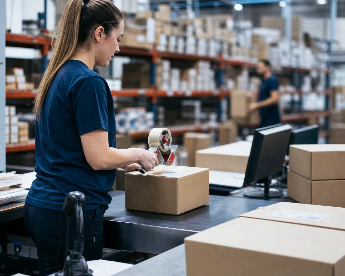 Fulfillment team packing orders in warehouse