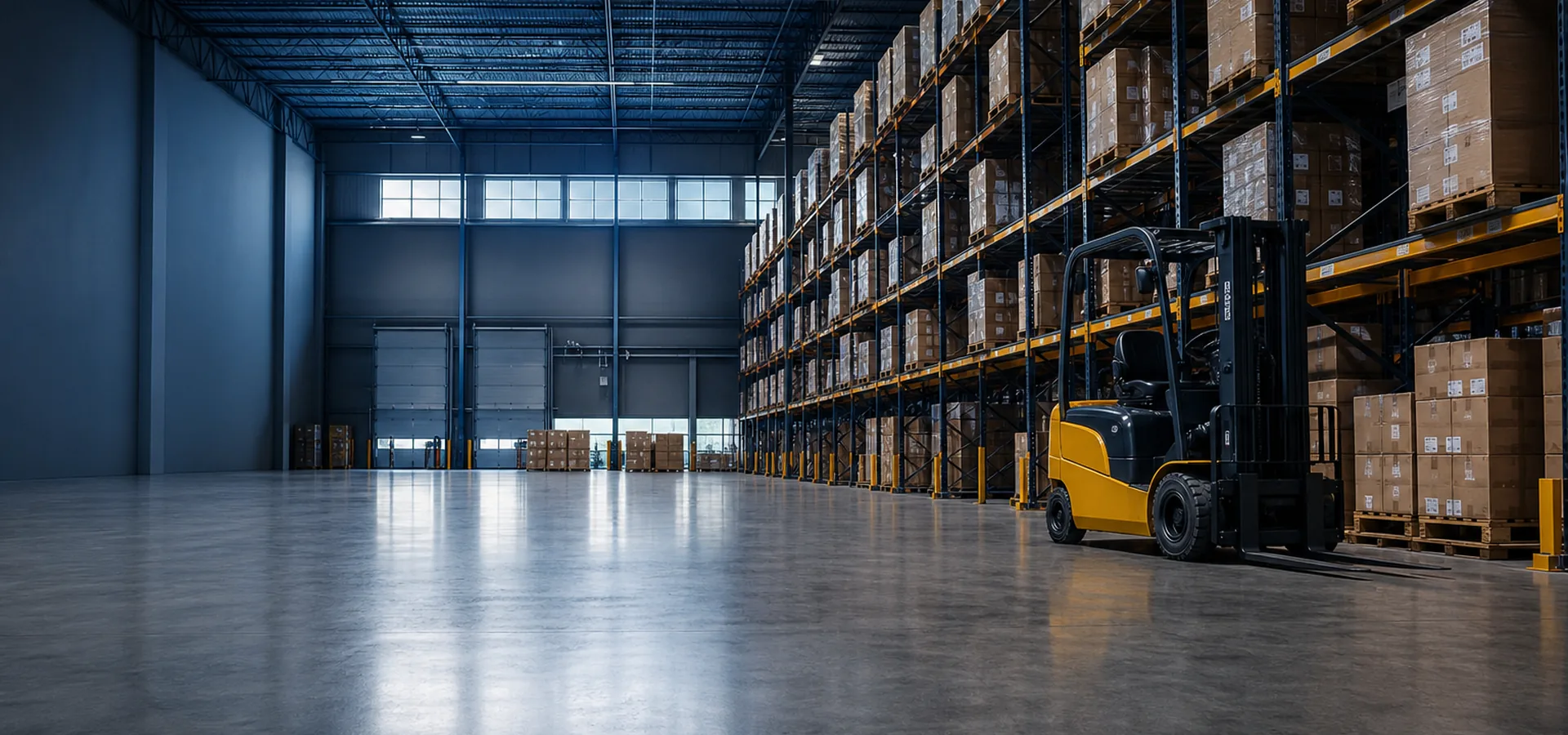 Warehouse aisle with tall storage racks