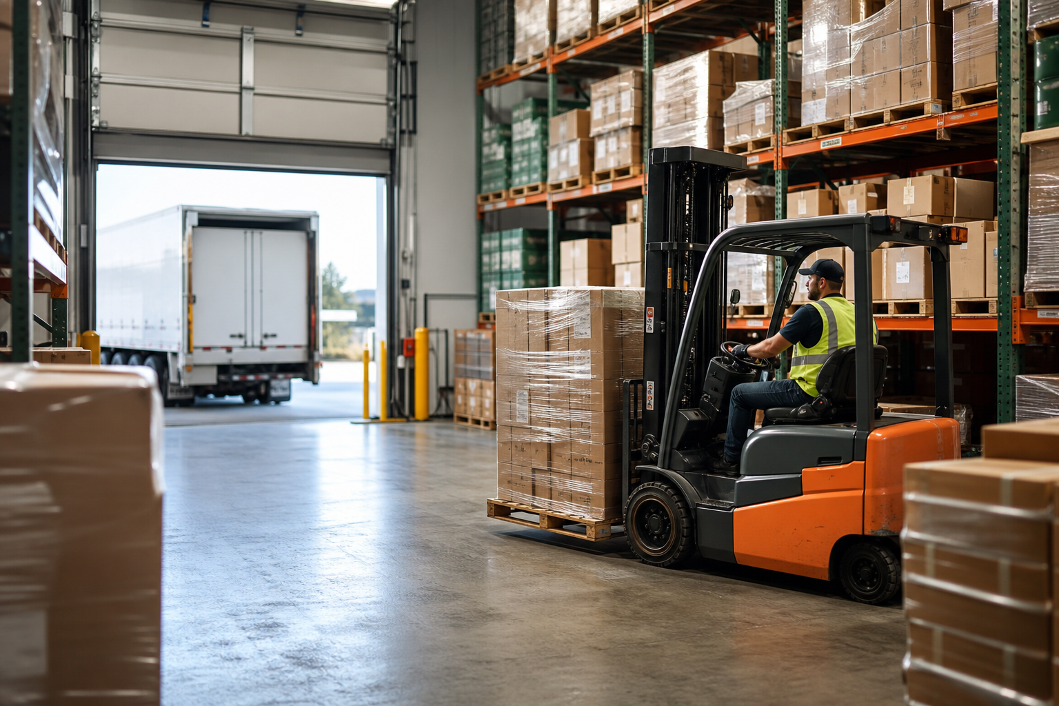 Forklift moving wholesale inventory beside a warehouse loading bay
