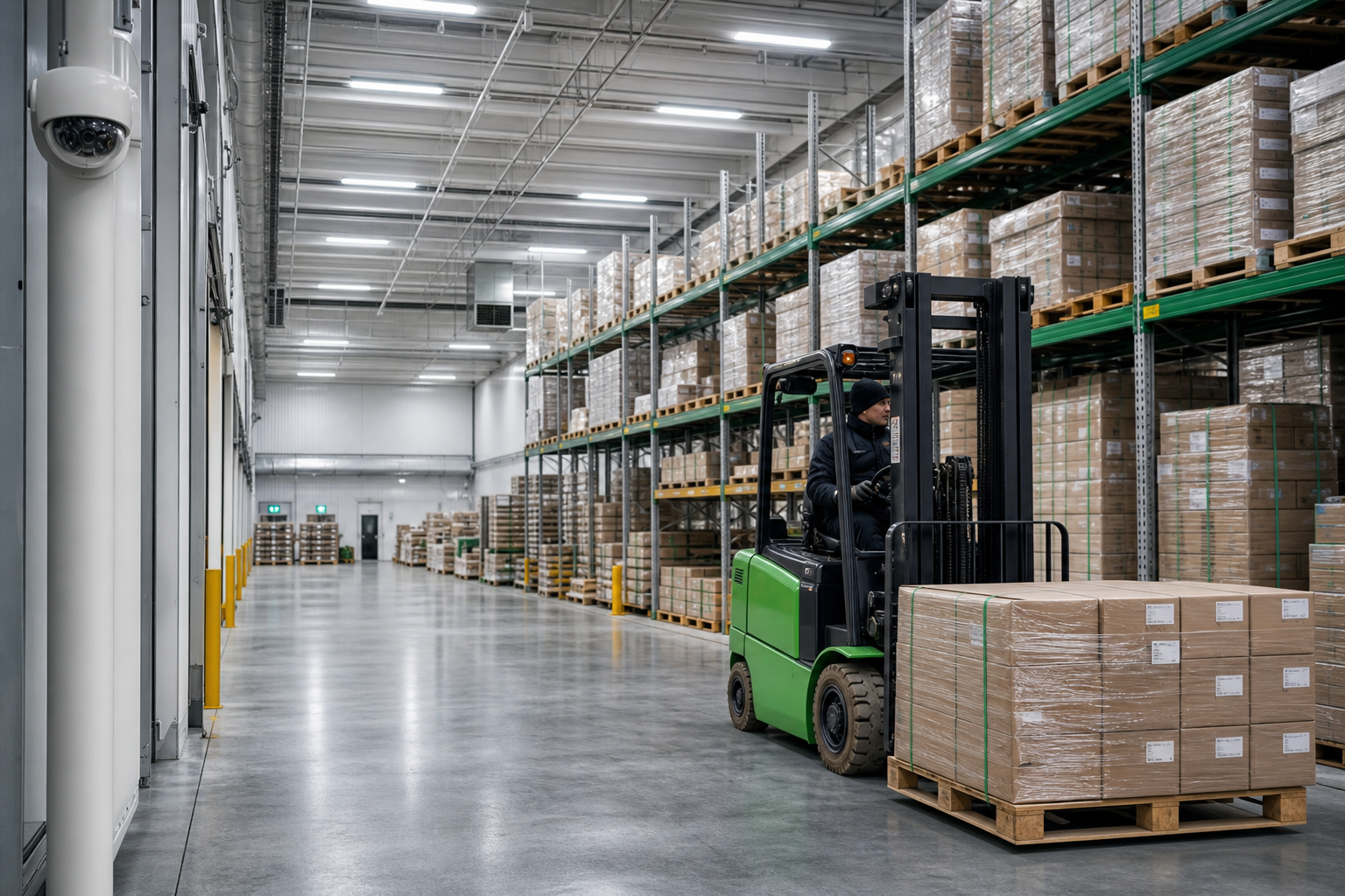 Secure modern warehouse with organized inventory and forklift operations